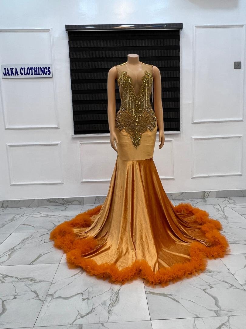 Handmade Velvet Mermaid Dress: Gold Rhinestone Prom Gown