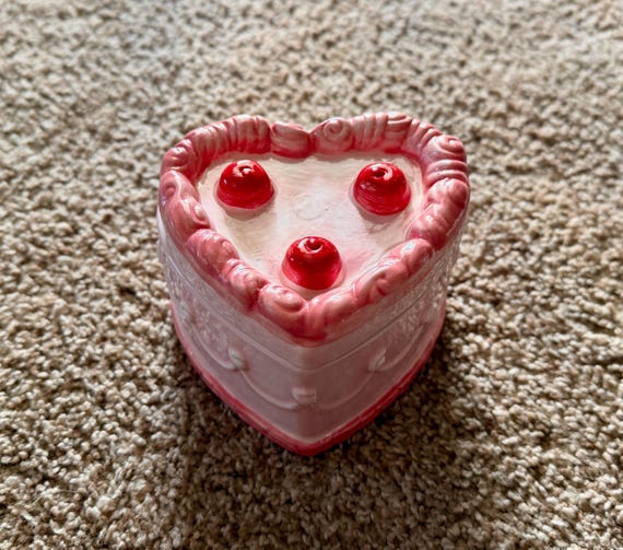 Pink Heart-Shaped Cherry Cake Ceramic Trinket Dish Canister
