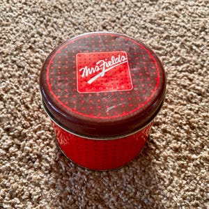 Vintage (1970s) Mrs. Fields Retro 4&quot; Cookie Tin with Lid | Tin for Knick-Knacks, Trinkets or for Decorative Use [Pre-Owned]