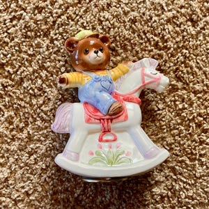 Vintage (1980s) Porcelain Teddy Bear Musical Turning Rocking Horse from the San Francisco Music Box Company | Music Box [Pre-Owned / Works]