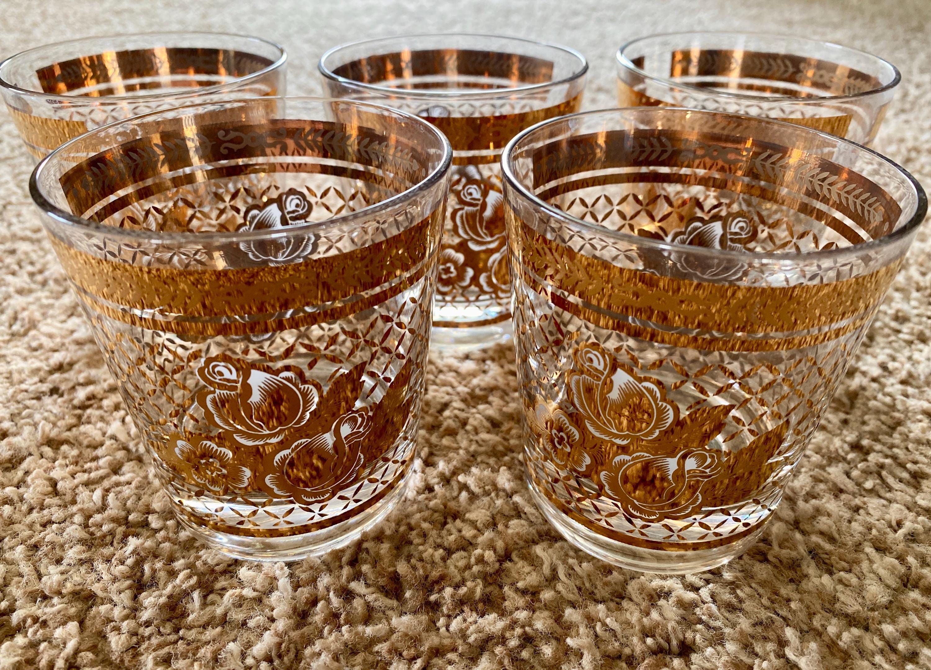 Rare Vintage (1950s/1960s) Starlyte Gold Floral Lowball Rocks Cocktail Glass Set of 5 | Midcentury Barware | Vintage Glasses [Pre-Owned]