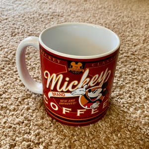 Vintage Mickey Mouse &#39;Mickey Brand Coffee&#39; (jaren 90) extra grote keramische koffiemok | Disney-keuken | Mickey Mouse-cadeaus [tweedehands]