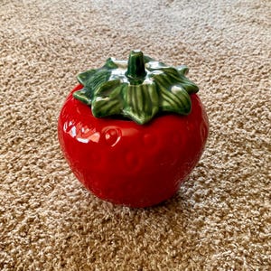 Vintage (1970s) Strawberry Ceramic 6.5&quot; H Cookie Jar / Canister by House of Webster | Kitchen Storage | Fruit Decor [Pre-Owned]