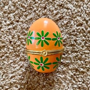 Vintage (1990s) Orange Osterei Keramik & Metall Trinket Box mit Deckel | Ring Schale | Pillendose | Landhaus Dekor [Gebraucht]