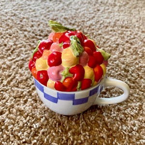 Può includere: Una tazza da tè in ceramica con manico, con un coperchio a forma di assortimento colorato di frutta. La tazza ha una base bianca con un motivo a scacchi blu e bianco sul bordo. Il coperchio di frutta comprende frutta rossa, gialla e rosa.
