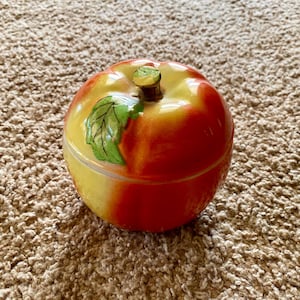 Vintage (1950s) Apple Jar Ceramic Canister, Sugar Bowl, Trinket Dish | Made in Japan  | Midcentury Decor | Fruit Themed Decor [Pre-Owned]