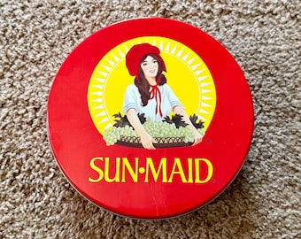 Vintage Sun-Maid Raisin Red 7" rond metalen reclameblikje