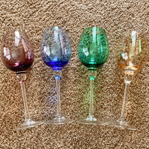 Rare Vintage Multi-Colored Irridescent Tall Wine Glasses Set of 4 with Long Clear Stems | Vintage Colorful Glassware [Pre-Owned]