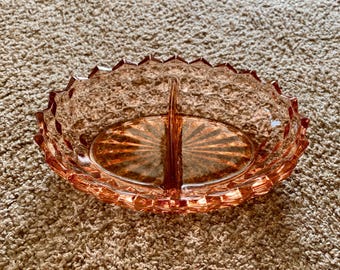 Vintage (1950s) Pink Depression Glass 10&quot; Divided Candy Dish by Fostoria | Vintage Glass Bowl | Vintage Pink Decor [Pre-Owned]