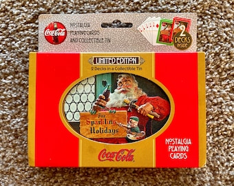 Naipes navideños vintage de Coca-Cola de 1998 en lata coleccionable [sellados]