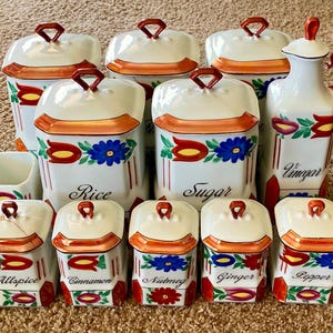 Rare Vintage (1950s) Victoria China Czechoslovakia Luster Porcelain Kitchen Canisters & Spice Jar 12-Piece Set [Pre-Owned / See Description]