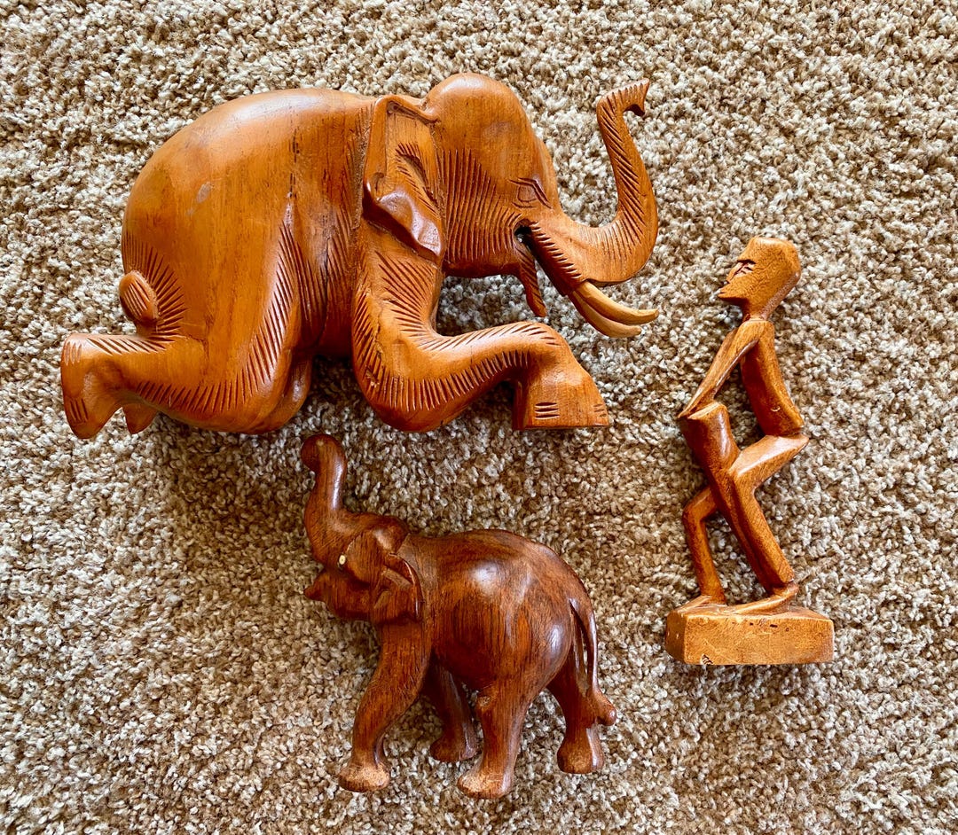 Vintage (1970s) Hand-carved Wooden Elephant Sculpture Statue Set ...