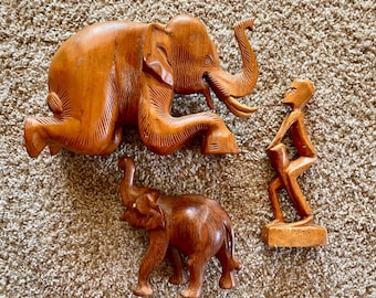 ヴィンテージ（1970年代）手彫り木製象の彫刻像セット｜レトロ