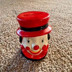 Vintage (1960s) Smiling Circus Clown 5" Ceramic Coin Bank with Stopper | Made in Taiwan | Retro Decor [Pre-Owned]
