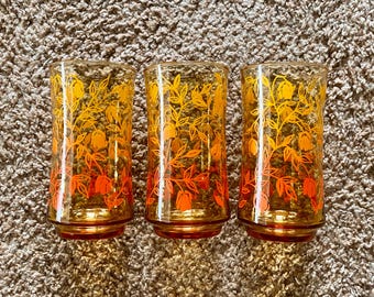 Vintage (1960s) Libbey Ombre Orange & Yellow Floral Drinking Glasses Set of 3 | Vintage Glassware / Barware [Pre-Owned]