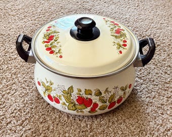 Vintage 1970s Strawberries 'N Cream Enamelware Large Dutch Oven Pot with Lid