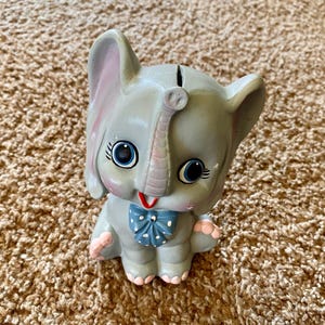 Vintage (1950s) Baby Elephant Ceramic Piggy Bank / Coin Bank | Midcentury Kitschy Anthropomorphic Elephant Decor Pre-Owned]