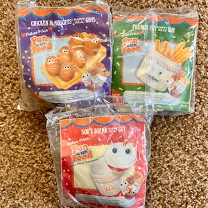 Vintage (1988) Rare Fisher Price x McDonald&#39;s &quot;Fun with Food&quot; Happy Meal Toy Collection | Chicken McNuggets, Fry Guy & Soft Drink [Sealed]