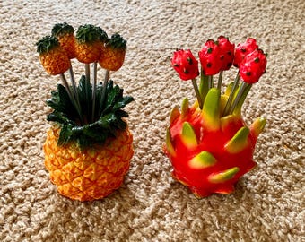 Vintage (1990s) Pineapple & Dragonfruit Resin Appetizer Picks / Appetizer Fork Set | Fruit Decor | You Choose [Pre-Owned]