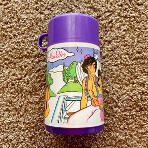 Vintage (1992) Disney&#39;s &quot;Aladdin&quot; Movie Insulated Thermos w/ Cup | Travel Container | Aladdin Thermos [Pre-Owned / Missing Interior Lid]