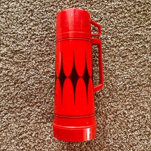 Vintage (1970s) Aladdin 3-Piece Red & Black Diamond Pattern 1-Pint Thermos | Food/Coffee Travel Container | Vintage Thermos [Pre-Owned]