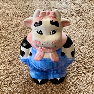 Vintage (1980s) Farmer Overalls Cow / Cowgirl Ceramic Cookie Jar with Lid | Vintage Canister |  Farmhouse Decor | 80s Vintage [Pre-Owned]