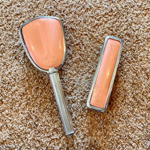 Vintage (1950s) Midcentury Luster Rose Gold & Silver Vanity Hair Brush and Clothes Brush Set | Vintage Brush [Pre-Owned]
