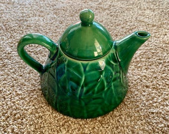 Vintage Pier 1 Jade Green Stoneware Teapot: Leaf Design, 7" Tall