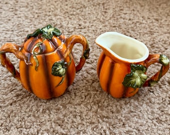 Vintage Halloween Autumn Pumpkin Ceramic Sugar Bowl & Creamer Set