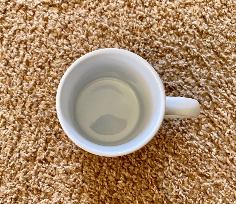 May include: Overhead view of a white ceramic mug with a handle. The interior of the mug is a light blue color. The mug is sitting on a brown, textured surface.