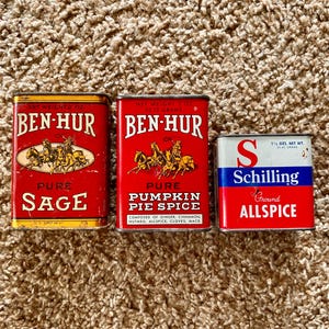 Vintage (1950s) Ben-Hur & Schilling Midcentury  Spice Tins | Pumpkin Spice, All Spice and Sage | Vintage Tins / Cooking Spices [Pre-Owned]