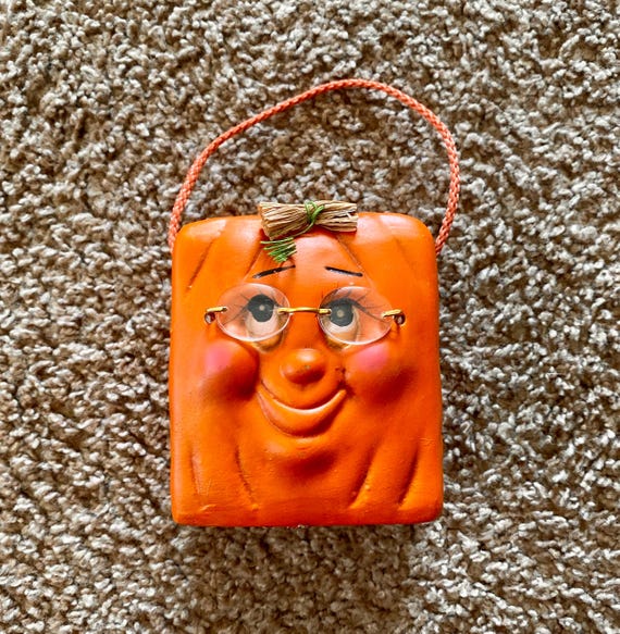 Vintage Anthropomorphic Pumpkin Planter: 1990s Halloween Treat Bag Decor