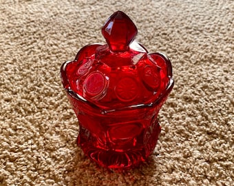 Vintage (1950s) Fostoria Ruby Red Coin Glass Candy Dish with Lid | Midcentury Candy Dish | Vintage Decor [Pre-Owned]