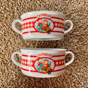 Vintage (2002) Campbell&#39;s Soup Ceramic Bowls Set of 2 | Farmhouse Red Gingham Design | Soup Bowls [Pre-Owned]
