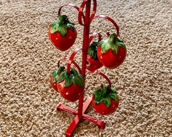 Rare Vintage (1960s) Strawberry Ceramic Salt & Pepper Shaker Hanging Tower of 6 | Made in Japan | Vintage Shakers [Pre-Owned]