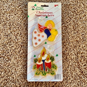 Vintage kerst suncatchers / glas-in-lood raamdecoratie set van (2) met afzuiging | Kerstvakantiekunst [verzegeld]