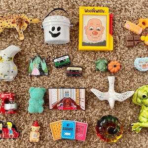 May include: A selection of miniature figurines and charms, including a spotted cheetah, a white bucket with a smiley face, a yellow framed picture, and various food-themed charms. Other items include a green bear, a red mixer, and a white dove.