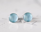 Duck Egg Blue Stud Earrings - Pale Pastel Blue Cobalt Sparkle Resin Post Earrings