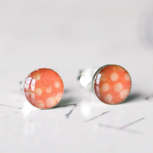 On Sale - Amanita Stud Earrings - Sterling Silver and Resin Red and Peach Spotted Post Earrings