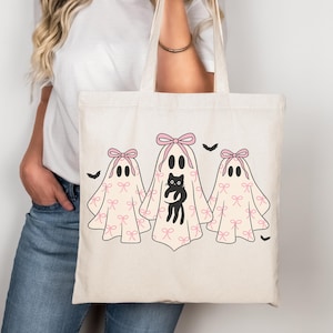 Kawaii Ghost Tote Bag - Pink Bow Halloween Bag - Cute Gothic Aesthetic - Pastel Goth Black Cat Shoulder Bag
