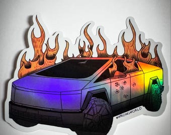 Burning cybertruck sticker holographic