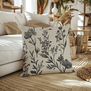 Brianne - Black Botanical Sketch Pillow Cover, Neutral Floral Pattern, Modern Farmhouse, Boho Throw Pillow Cover, 14x14 16x16 18x18 20x20