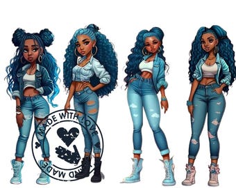 Adorable Black Girl Clipart Bundle - Chibi, Afro, Denim Designs