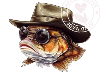 Realistic Bass Fish Clipart with Baseball Cap & Sunglasses - Digital PNG for DTG Printing and More