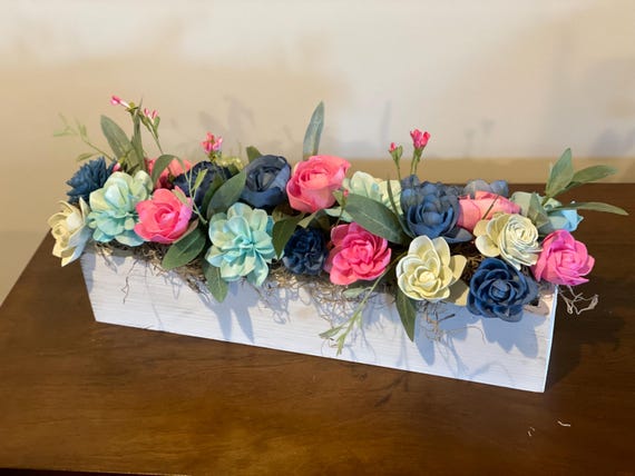 Bright spring Sola wood flowers arrangement in a white centerpiece box