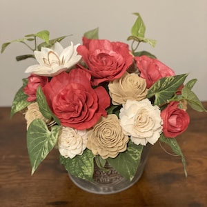 Hand Dyed Sola Wood Flower Arrangement, Burgundy Beige White, Round Tin