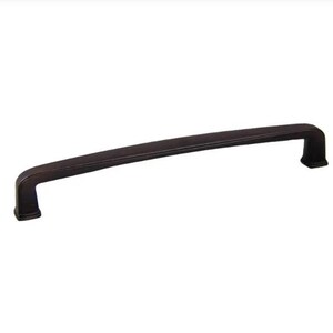 May include: A dark bronze cabinet pull with a slightly curved shape and squared ends.