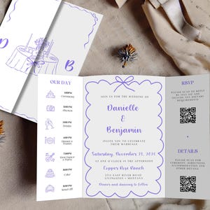 Hand Drawn Gatefold Invitation Template, Lavender Wedding Invitation Card, Whimsical Wedding Invite QR Code, Editable Template Canva