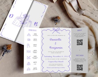 Hand Drawn Gatefold Invitation Template, Lavender Wedding Invitation Card, Whimsical Wedding Invite QR Code, Editable Template Canva
