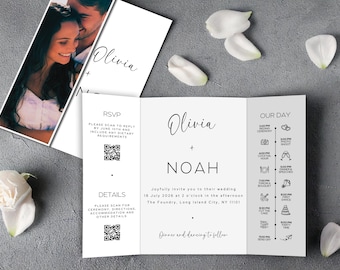 Photo Gatefold Wedding Invitation Template, Canva Folded Wedding Trifold Invitation With QR Code, Instant Download